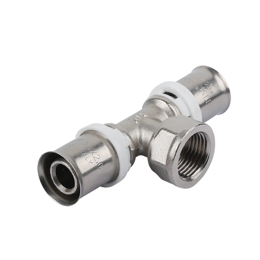 Пресс-фитинг. Тройник  никелированный 20 * 1/2" г * 20