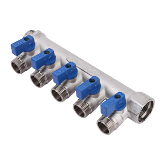 Коллектор с шаровыми кранами 3/4" х 1/2 - 2 вых., никели,  красн + син ручки